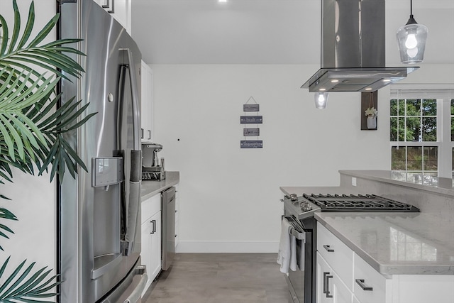 kitchen featuring white cabinets, concrete floors, decorative light fixtures, appliances with stainless steel finishes, and island exhaust hood