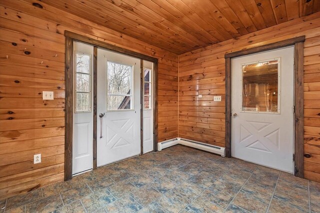 doorway with a baseboard heating unit, wooden ceiling, and wooden walls