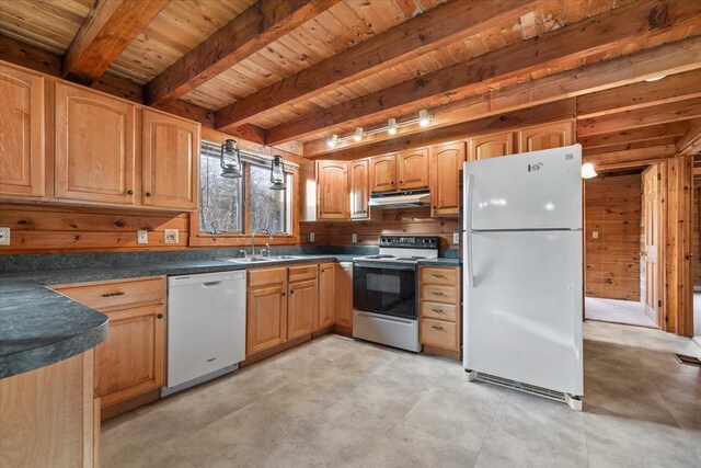 kitchen with white appliances, wooden ceiling, sink, wooden walls, and beam ceiling