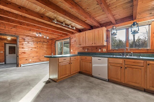 kitchen with dishwasher, hanging light fixtures, sink, wooden walls, and baseboard heating