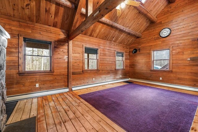 interior space with wooden walls, hardwood / wood-style flooring, ceiling fan, beam ceiling, and wood ceiling