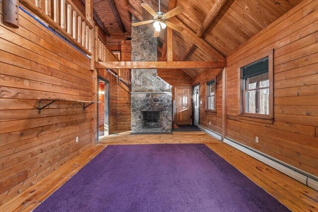 unfurnished living room featuring beam ceiling, wooden walls, a fireplace, and wood ceiling