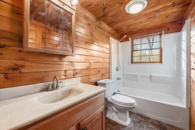 full bathroom with washtub / shower combination, toilet, wooden walls, vanity, and wood ceiling