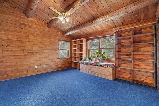 unfurnished room with wood ceiling, ceiling fan, wooden walls, dark colored carpet, and lofted ceiling with beams