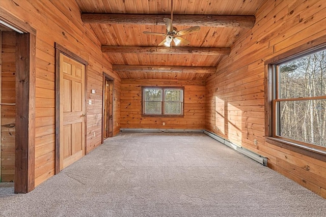 carpeted spare room featuring vaulted ceiling with beams, ceiling fan, plenty of natural light, and wooden ceiling