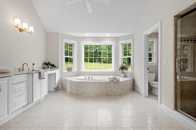 17 Arrowhead Ln, Westborough, MA 01581 - full bathroom featuring vaulted ceiling, a bath, vanity, a shower stall, and tile patterned flooring