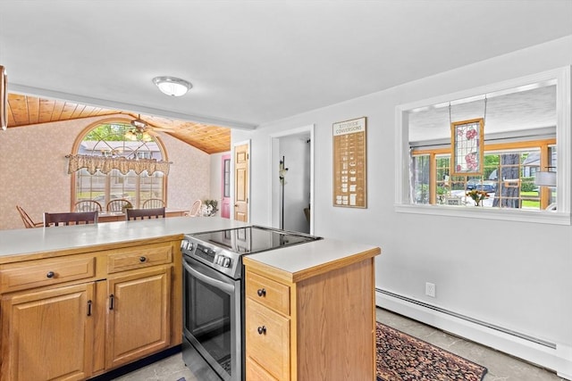 kitchen with electric stove, baseboard heating, vaulted ceiling, light countertops, and wallpapered walls