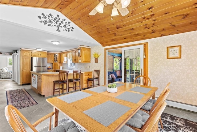 dining space featuring vaulted ceiling, wallpapered walls, healthy amount of natural light, a ceiling fan, and wood ceiling