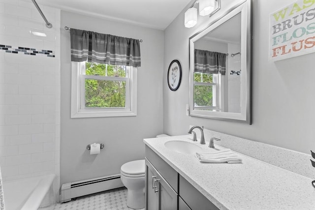 bathroom featuring baseboard heating, healthy amount of natural light, toilet, and vanity