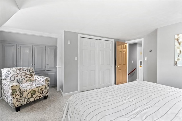 bedroom featuring carpet floors, a closet, and baseboards