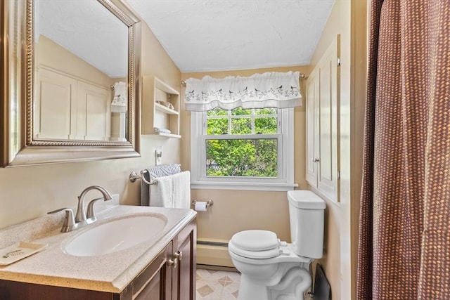 full bath featuring toilet, a baseboard radiator, vanity, a shower with curtain, and baseboards