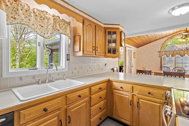 kitchen featuring vaulted ceiling, a sink, electric range, light countertops, and glass insert cabinets