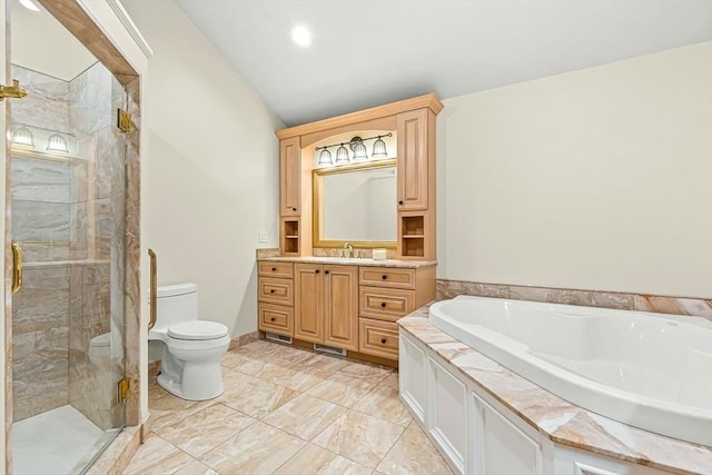 7 Wainwright Rd Unit 55, Winchester, MA 01890 - full bathroom with vanity, a stall shower, a bath, toilet, and lofted ceiling