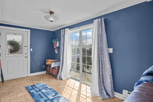 entryway featuring a baseboard radiator and ornamental molding