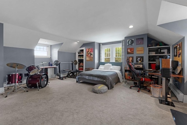 carpeted bedroom with vaulted ceiling, multiple windows, baseboards, and recessed lighting