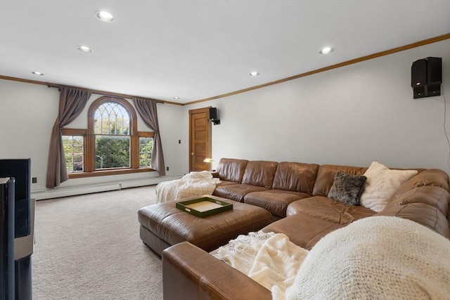 living area with ornamental molding, carpet, recessed lighting, and baseboard heating
