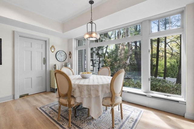 dining room with light wood finished floors, healthy amount of natural light, crown molding, and baseboard heating