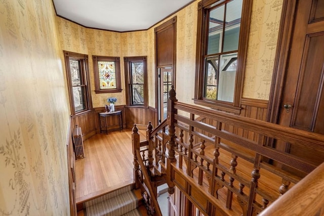 stairs with wallpapered walls, radiator, wood finished floors, and wainscoting