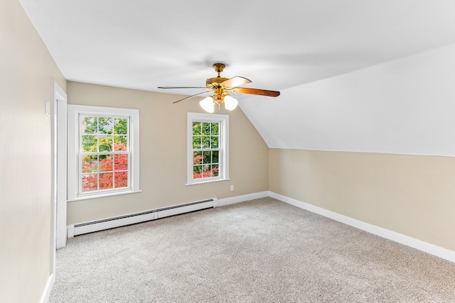 additional living space with lofted ceiling, a baseboard heating unit, carpet flooring, and ceiling fan