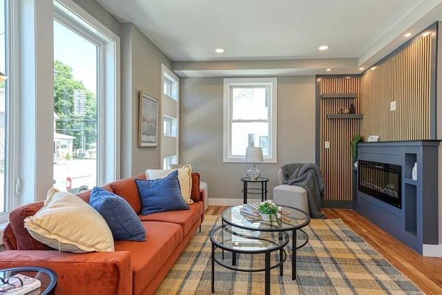 238 Sycamore St Unit 238, Watertown, MA 02472 - living room featuring wood finished floors, a glass covered fireplace, recessed lighting, and baseboards