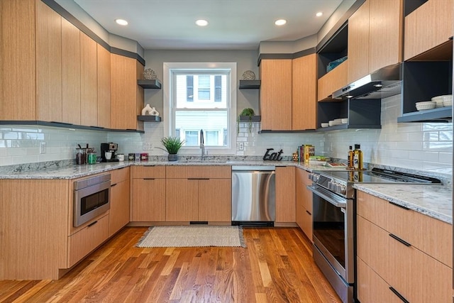 238 Sycamore St Unit 238, Watertown, MA 02472 - kitchen with open shelves, appliances with stainless steel finishes, a sink, and recessed lighting