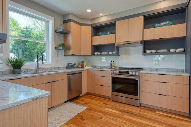 238 Sycamore St Unit 238, Watertown, MA 02472 - kitchen featuring open shelves, appliances with stainless steel finishes, a sink, light brown cabinetry, and recessed lighting