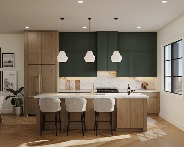 kitchen with light parquet floors, tasteful backsplash, decorative light fixtures, and a center island with sink