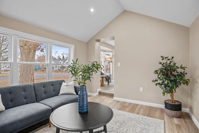 living room featuring light hardwood / wood-style floors and lofted ceiling