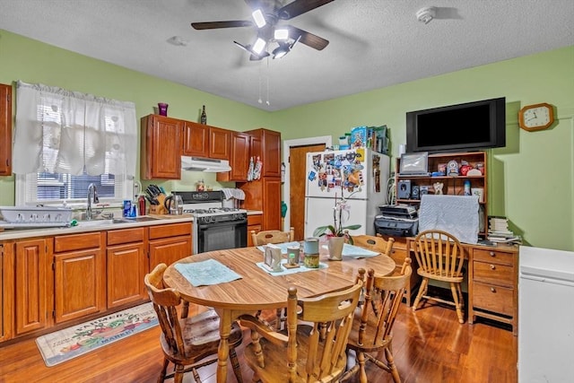 kitchen featuring range with gas stovetop, freestanding refrigerator, a sink, light wood-style floors, and under cabinet range hood