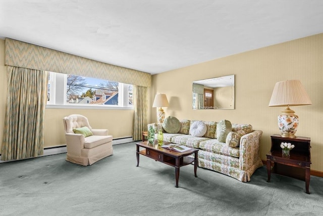 carpeted living room with a baseboard radiator