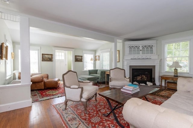 6 Willow St, Wellesley, MA 02481 - living area featuring hardwood / wood-style flooring, a fireplace with raised hearth, baseboards, and lofted ceiling