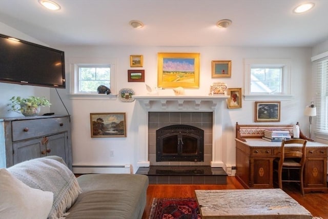 6 Willow St, Wellesley, MA 02481 - living room featuring a baseboard heating unit, dark wood-type flooring, recessed lighting, and a baseboard radiator