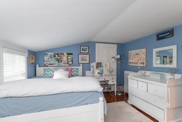 6 Willow St, Wellesley, MA 02481 - bedroom featuring lofted ceiling, wood finished floors, and radiator heating unit