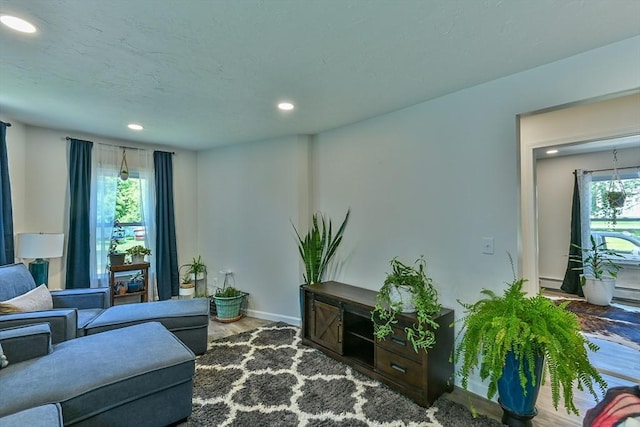 18 Emerald Ave, Webster, MA 01570 - living area featuring wood finished floors, recessed lighting, and a baseboard radiator