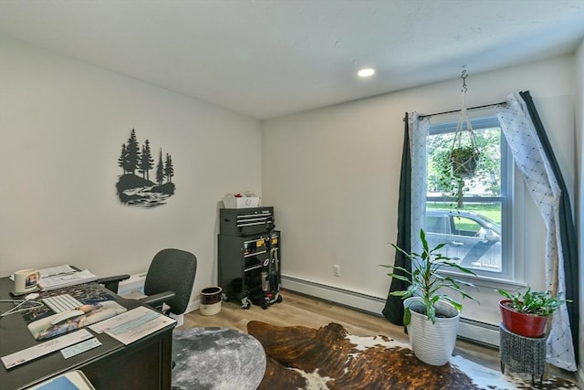 18 Emerald Ave, Webster, MA 01570 - home office with a baseboard radiator, wood finished floors, and recessed lighting