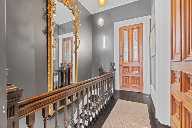 foyer entrance with crown molding and dark wood-style flooring