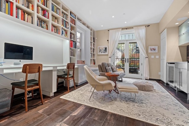living area with recessed lighting, baseboards, dark wood-style floors, and french doors