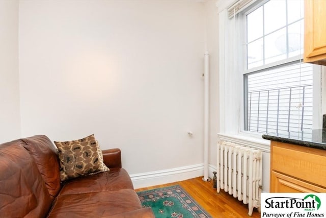 sitting room featuring light wood-style floors, radiator, and baseboards