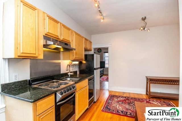 kitchen featuring light wood-style flooring, electric range, a sink, under cabinet range hood, and baseboards