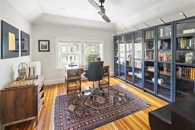 49 Prince St Unit 2, Boston, MA 02130 - office area featuring a ceiling fan, wood finished floors, and baseboards