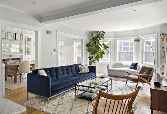 49 Prince St Unit 2, Boston, MA 02130 - living area featuring wood finished floors, plenty of natural light, ornamental molding, and recessed lighting