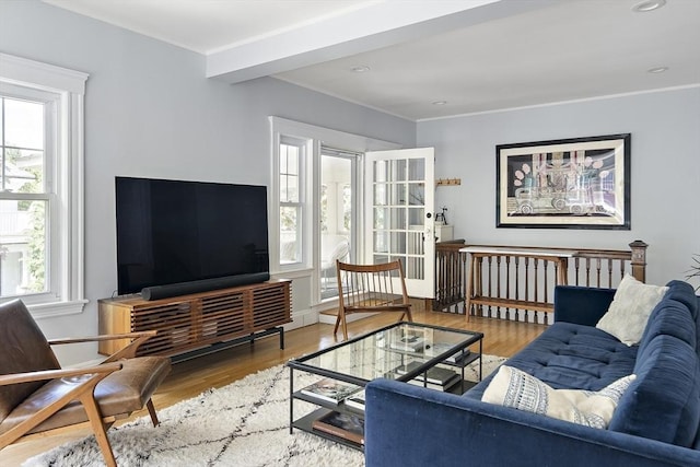 49 Prince St Unit 2, Boston, MA 02130 - living area featuring wood finished floors, ornamental molding, and recessed lighting