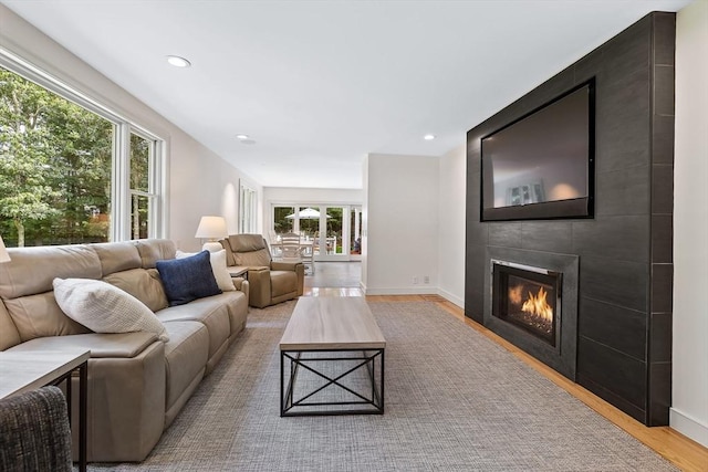 living room featuring light hardwood / wood-style flooring and a large fireplace