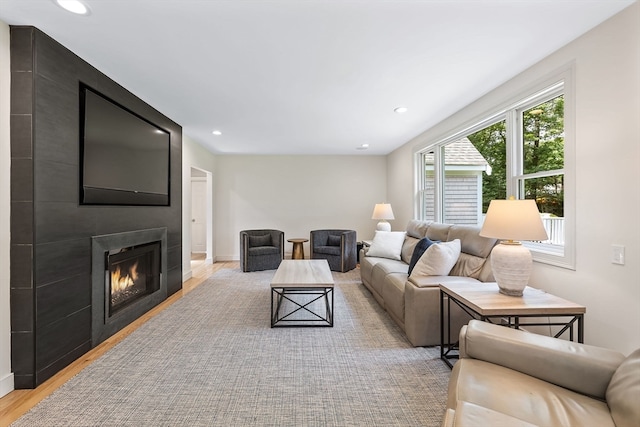 living room featuring light wood-type flooring and a fireplace