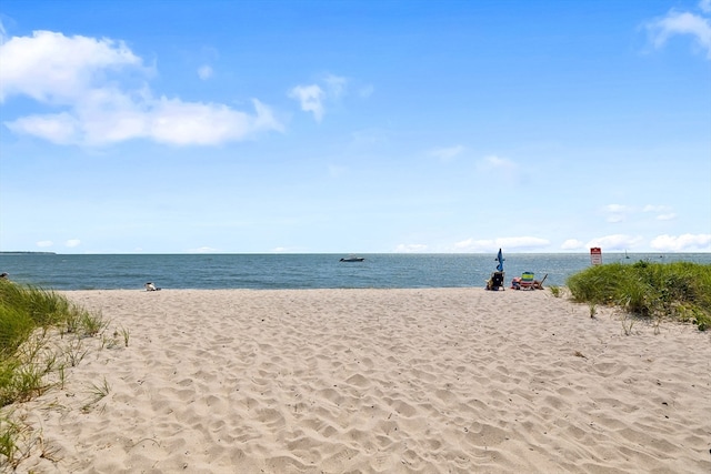 property view of water featuring a beach view