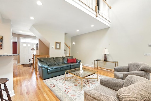 11 High Pine Cir Unit 11, Wilbraham, MA 01095 - living room with stairway, light wood finished floors, baseboards, and recessed lighting