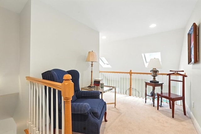 11 High Pine Cir Unit 11, Wilbraham, MA 01095 - living area featuring a skylight, an upstairs landing, carpet flooring, recessed lighting, and baseboards
