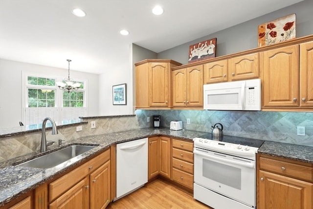 11 High Pine Cir Unit 11, Wilbraham, MA 01095 - kitchen with white appliances, a sink, dark stone counters, light wood-style flooring, and recessed lighting