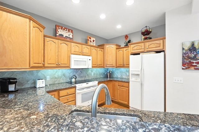 11 High Pine Cir Unit 11, Wilbraham, MA 01095 - kitchen with white appliances, a sink, dark stone counters, decorative backsplash, and recessed lighting