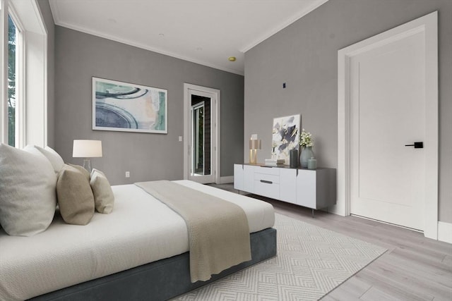 bedroom with light wood-type flooring and ornamental molding